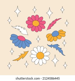 Retro daisies with butterflies and sparkles. Summer simple minimalist flowers. 70’s style plants. Yellow spring daisy. Colorful background. Vector illustration.