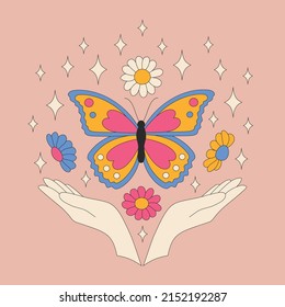 Retro daisies, butterflies and sparkles. Summer simple minimalist flowers. 70 s style plants. Boho spring daisy with hands. Colorful background. Vector illustration.