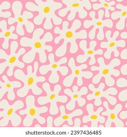 Retro daisies on a pink background, seamless pattern. Template for paper. fabrics, textiles. Vector illustration in modern style.