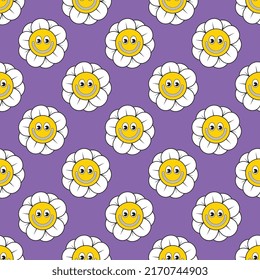 Retro daisies with smiling face seamless pattern on a pink background. Vintage pop culture symbols for posters and t-shirt prints. Groovy vector editable illustration  EPS 10