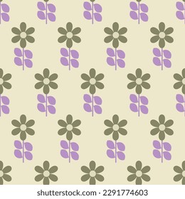 Retro daisies, vector simple floral pattern with green flowers and purple  leaves. Seamless background, retro print for spring summer fashion in modern mid century style
