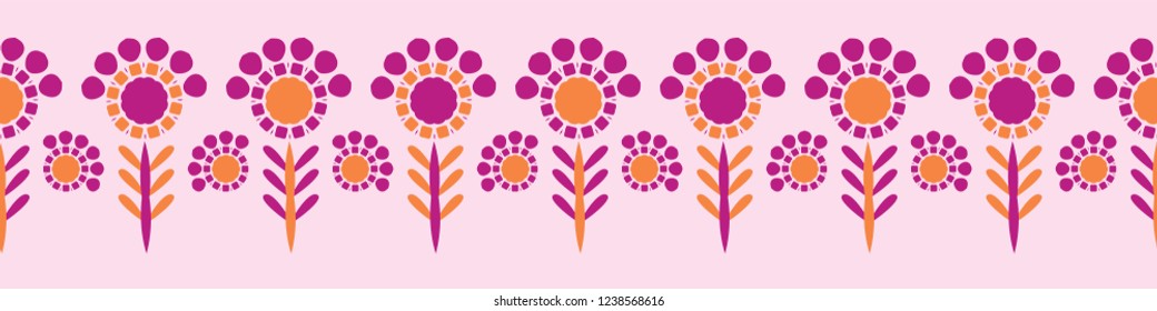 Retro Daisy Blooms Seamless Border Vector. Colorful Folk Flowers Stems  Banner in Vintage 1970's Style on Pink Background. Trendy for Girly Stationery, Floral Packaging, Kitchen Ware, Isolated Edgings