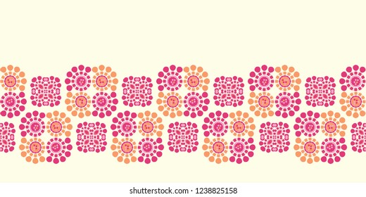 Retro Daisy Blooms Seamless Border Vector. Colorful Folk Flower Square Banner in Vintage 1970's Style on Pink Background. Trendy for Girly Stationery, Floral Packaging, Kitchen Ware