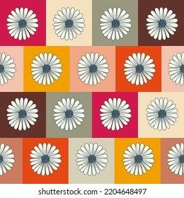 Retro Daisy Checkerboard Vector Seamless Pattern