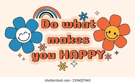 Retro daisy concept. Design for greeting postcard, poster or banner for website in style of 80s and 90s. Hallucinations and fantasy, hippies. Flowers and rainbow. Cartoon flat vector illustration