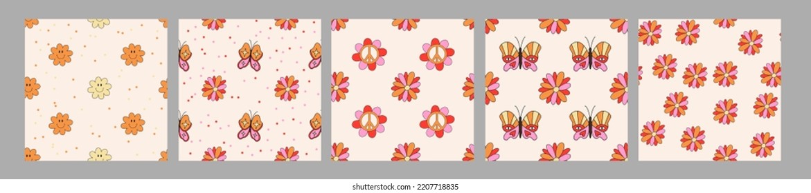 Retro daisy flower seamless patterns set. 1970 vibes retro floral seamless backgrounds.  Retro groovy hippie patterns