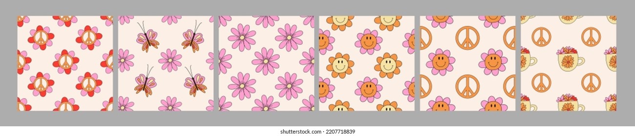 Retro daisy flower seamless patterns set. 1970 vibes retro floral seamless backgrounds.  Retro groovy hippie patterns