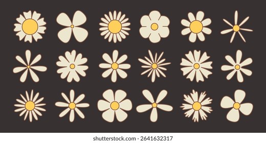 Retro daisy flower set with cream petals and yellow centers on dark background - groovy floral collection for vintage design, hippie style graphics and 70s inspired botanical pattern elements.
