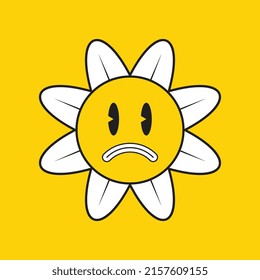 Retro daisy flower with smiling face on a yellow background. Vintage pop culture symbols for posters and t-shirt prints. Groovy vector editable illustration  EPS 10