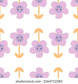 Retro daisy flowers with smiling faces seamless pattern. Perfect print for tee, paper, fabric, textile. Vintage vector illustration for decor and design.





