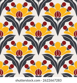Retro daisy ogee. Padrão floral rústico em cores pastel profundas.Boho padrão floral uniforme damasco wallpaper vetor illation.Seamless padrão antemão formas florais e ogee motivos geométricos.