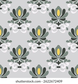 Retro daisy ogee. Rustic floral pattern in deep pastel colours.Boho seamless floral pattern damask wallpaper vector illustration.Seamless pattern anthemion floral shapes and ogee geometrical motifs.