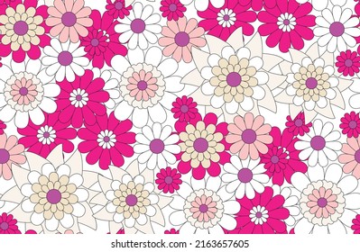 Retro Daisy Peony Flowers Abstract Seamless Pattern Chamomile Simple Small Florals Trendy Fashion Colors Perfect for Allover Fabric Print or Wrapping Paper Fuchsia White Tones