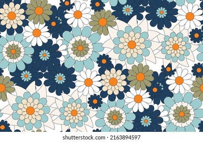 Retro Daisy Peony Flowers Abstract Seamless Pattern Chamomile Simple Small Florals Trendy Fashion Colors Perfect for Allover Fabric Print or Wrapping Paper Pastel Blue Orange Tones
