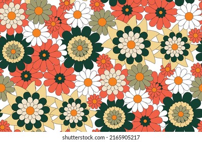 Retro Daisy Peony Flowers Abstract Seamless Pattern Chamomile Simple Small Florals Trendy Fashion Colors Perfect for Allover Fabric Print or Wrapping Paper Coral Green Tones