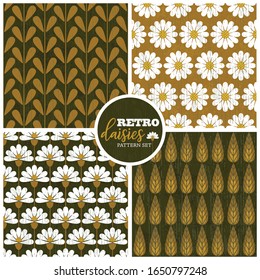 Retro daisy seamless pattern set. Repeatable vector backgrounds with botanical elements. Brown palette.