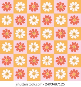 Retro daisy seamless pattern. Vintage checkerboard floral background. Cool funky smiling flowers. Hand drawn naive art vector illustration.
