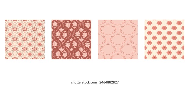 Retro damasco flores patrones sin fisuras colección. Conjunto de fondos interminables florales. Flor silvestre y hojas de azulejo de adorno. Cubierta de repetición botánica roja y rosa. Vector plano dibujado a mano ilustración.