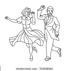 Retro dance couple silhouette. Vintage silhouette dancer.Charleston  party dance vintage people isolated on white background.Elegant couple retro style clothes dancing charleston. outline silhouette