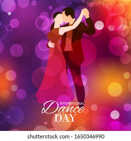 Retro dance day or dancing party vector illustration. Cartoon dancers couple man and woman in vintage dress on blur shining lights background. Retro dances tango, waltz or salsa invitation poster.