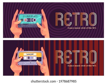 Retro dance music style of 80s banner. Hands holding vintage audio cassette. Vector header with music player app and flat illustration of old audio tape