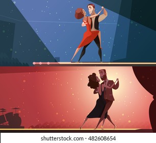 Retro dance studio 2 horizontal cartoon banners set with tango and salsa performing pairs isolated vector illustration 