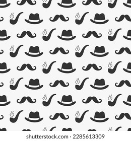 Retro Dandy gentleman seamless pattern. Vintage Hipster doodle shapes. Art Deco fashion style repeat background texture. Vector illustration for barbershop wallpaper, Fathers Day gift, hipster wrappin