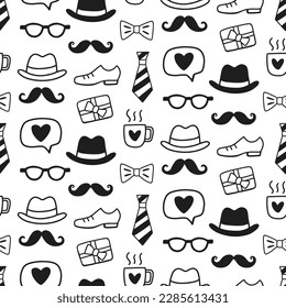 Retro Dandy gentleman seamless pattern. Vintage doodle shapes. Art Deco fashion style repeat background texture. Vector illustration for barbershop wallpaper, Fathers Day gift, hipster wrapping paper