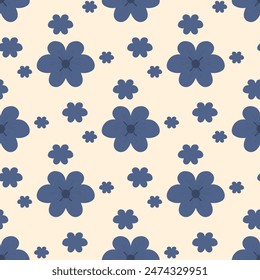 Retro azul oscuro simple flores sin patrón. Fondo sin fin floral. Azulejo de adorno de flores. Flores silvestres botánica repetir cubierta. Vector plano dibujado a mano ilustración.