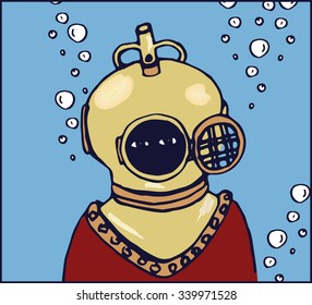 Retro dark diver under water with air bubbles