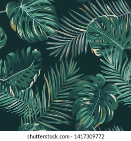 Retro dark palm leaves background pattern, tropical jungle illustration texture in vector for wallpaper, print, brochure, design