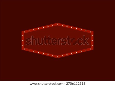 Retro dark red hexagonal sign frame with electric bulbs flat illustration