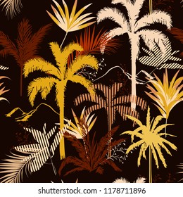 Retro Dark tropical forest night  leaves and tress  hand drawn style seamless pattern vector for fashion fabric , wallpaper, and all prints on dark brown background color