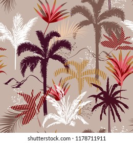 Retro Dark tropical forest night  leaves and tress  hand drawn style seamless pattern vector for fashion fabric , wallpaper, and all prints on dark brown background color