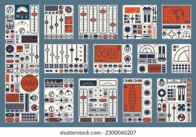 Retro dashboard. Control panel dial, switch, knob, buttons. Spaceship console with old computer screens, vector ship instrument panel or airplane cockpit with displays and gauges, indicators, levers