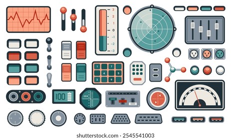 Interfaz de usuario del panel de control retro. Panel de control de la nave espacial futurista con diales, interruptores e indicadores, pantalla de juego de ciencia ficción vintage. Ilustración vectorial.