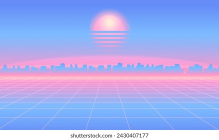 Retro day city futuristic landscape 1980s style background. Futuristic skyscraper city. Digital landscape cyber surface. Synth wave music album cover template. 80s Retro Sci-Fi vector design.