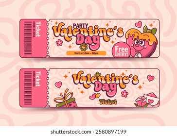 Retro Valentine’s Day party tickets with colorful designs, hearts, love letters, cute mascots, sweet treats, and romantic elements in a playful, vintage, and groovy style.