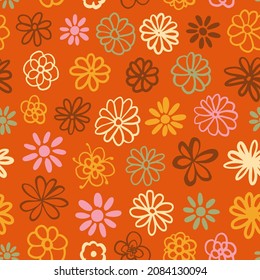 Retro daze floral seamless repeat pattern. Random placed, doodled vector flowers all over surface print.