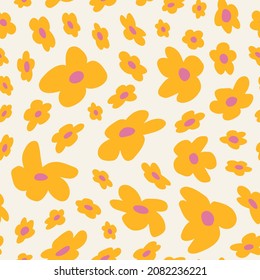 Retro daze wavy ditsy daisy seamless repeat pattern. Cute, vector millefleurs 70s and 60s style all over surface print on white background.