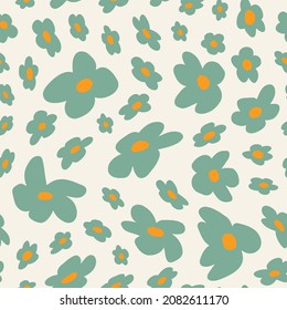 Retro daze wavy sage green ditsy daisy seamless repeat pattern. Cute, vector millefleurs 70s and 60s style all over surface print on white background.