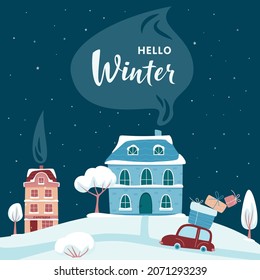 Retro decorated houses with snowy trees and retro car with gifts. Hello Winter lettering. Vector illustration in flat style. Season`s Greetings.