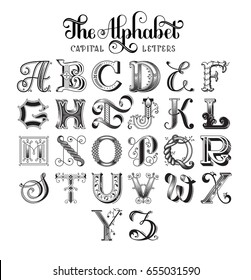 Retro decorative font. Original high-detailed alphabet. Capital letters. EPS10 vector