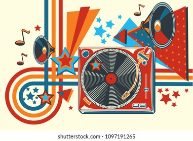 Retro decorative funky music design with turntable