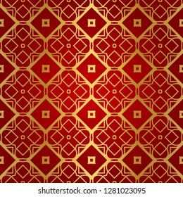 Retro decorative seamless geometric pattern. Red, gold color. Vector illustration.