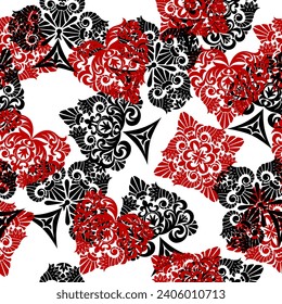 Retro decorative seamless pattern background with red and black playing card suit symbols isolated on white. Vector illustration