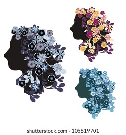 Retro decorative women profiles with flowers
