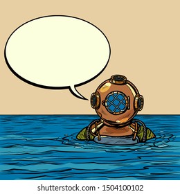 retro deep sea diver in metal helmet. Pop art vector illustration drawing