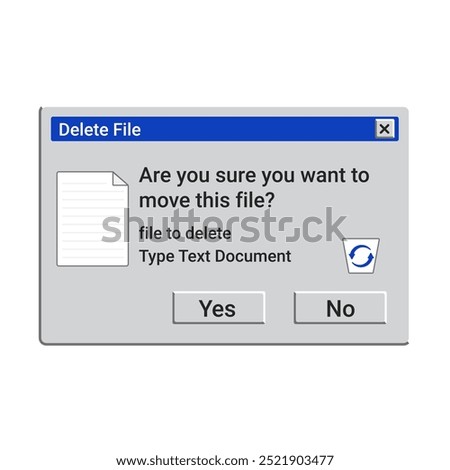 Retro delete file message. Recycling bin window. Remove text document. Delete documents pop up.