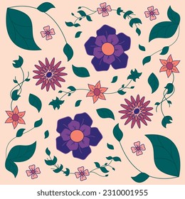 retro and delicate flowers and leaves vector